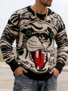 Pull en Maille pour Hommes Tête de Tigre Manches Longues Jacquard Col Rond Acrylique Hip Hop Streetwear Pull Chaud Haut Automne Hiver