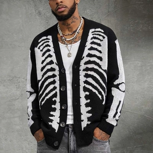 Cardigan in Maglia Gotico Scheletro da Uomo Jacquard Scollo a V Abbocconato Streetwear Hip Hop Nero Maglione per Halloween