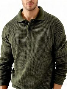 Slim fit men's olive green waffle knit polo sweater with long sleeves and lapel collar