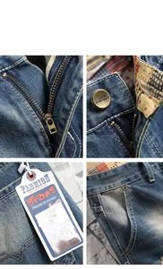 Detailed macro view of denim zipper, fashion hardware button, and quality product tag