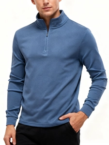 Men's blue half-zip fleece pullover with stand collar and long sleeves for casual wear