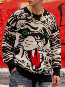 Pull en tricot hip-hop pour hommes avec motif tigre jacquard et col rond classique