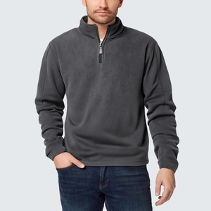 Men's quarter-zip fleece pullover in dark grey with stand collar and long sleeves