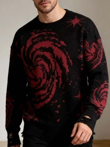 Men Distressed Galaxy Jacquard Knit Sweater Dark Streetwear Grunge Ripped Hem Oversized Round Neck Long Sleeve Winter Jumper Top