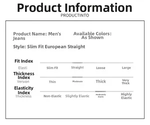 Size guide for men's vintage slim straight ripped jeans with medium stretch features