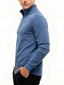 Men's blue fleece sweatshirt with quarter-zip stand collar and ribbed cuffs