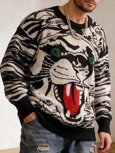 Pull en maille hip hop pour hommes avec motif tigre et rayures noires et blanches