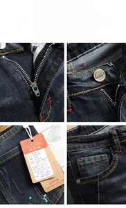Detailansichten der Stretch-Slim-Jeans für Herren mit Reißverschluss, Knopf und Denim-Struktur