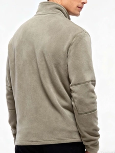 Men's olive green fleece sweatshirt with half-zip stand collar and reinforced elbow patches