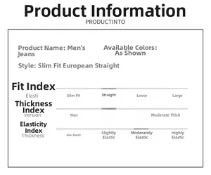 Guide détaillé des tailles pour jeans droits pour hommes avec index d'élasticité