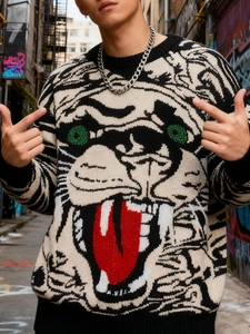 Pull en maille hip-hop pour homme avec motif tigre jacquard et collier chaîne tendance