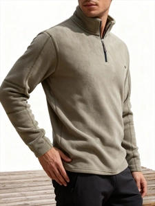 Detail of olive green fleece sweatshirt showing high collar, zipper, and reinforced stitching