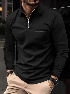 Polo homme noir à manches longues coupe ajustée avec col zippé et détail de poche stylée