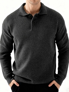 Men's slim fit waffle knit polo sweater in charcoal gray with lapel collar and buttons
