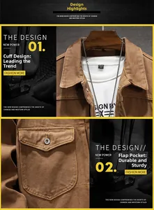 Detail of classic collar and chest flap pocket with metal button on brown workwear jacket