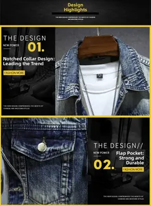 Detailed view of dark blue denim jacket collar and buttoned chest pocket with wash effects