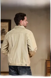 Close-up of khaki cotton twill jacket showing classic fit and breathable fabric texture