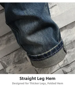 Detail of straight leg denim hem with distressing and durable folded seam edge
