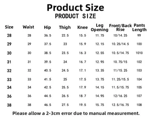 Detailed size chart for men's straight fit jeans with measurements from size 28 to 38