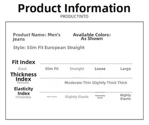 Detailed chart showing slim fit, moderate thickness, and medium stretch of men's denim jeans