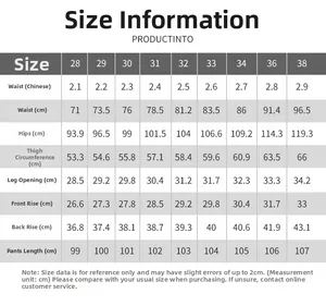 Detailed size chart for men's slim fit jeans with waist, hip and length measurements