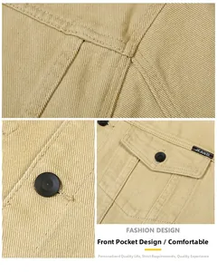 Detail of khaki twill work jacket showing black buttons and reinforced pocket stitching