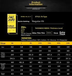 Detailed size chart for men denim jacket featuring measurements from M to 5XL sizes