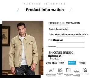 Detail of khaki denim jacket for men featuring classic collar and chest pockets