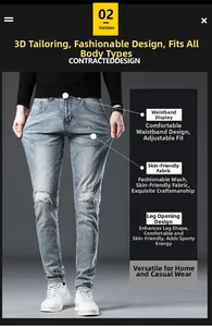 Detail view of men's slim fit distressed jeans with paint splatter and washed denim texture