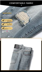 Detail of light blue ripped jeans with paint splatters and high stretch fabric texture