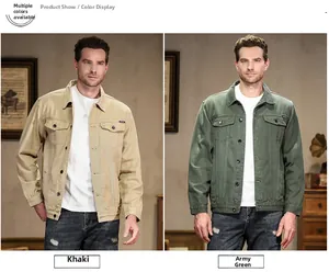 Close-up of khaki and army green denim jackets featuring front chest pockets and twill fabric