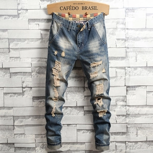 Men's Vintage Washed Ripped Jeans Slim Fit Straight Leg Distressed Denim Pants High Street Streetwear Trousers For Men