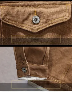 Macro detail of the metal button and stitched pocket on a khaki canvas work jacket