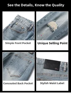 Detail view of denim jeans featuring distressed knees, paint splatters and leather waist patch