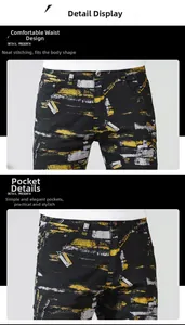 Detail view of American high-street denim pants with graffiti print and neat pocket stitching