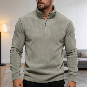 Sweat-shirt pour homme en polaire vert sauge avec col montant et demi-fermeture
