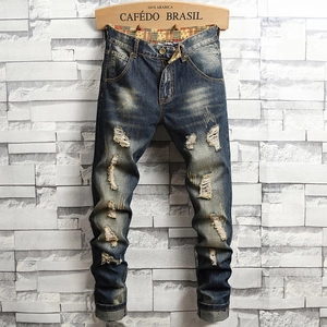 Jeans Lavés Vintage Américains pour Hommes Pantalons en Denim Déchirés High Street Coupe Droite Ajustée Mode Rétro Casual
