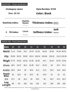 Detailed size chart for men's black denim jeans showing measurements and parameters