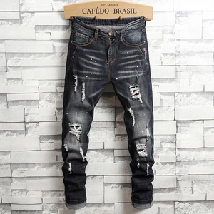 Herren Distressed Zerrissene Skinny Jeans Farbspritzer Schnurrhaare Slim Fit Streetwear Denim Hose Baumwolle Elasthan