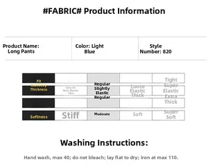 Size chart and fabric care details for light blue slim fit denim pants showing wash instructions