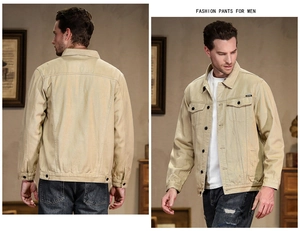 Front and back view of men's slim fit khaki denim jacket with double chest pockets