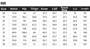 Detailed size chart for men's patchwork denim jeans showing waist and hip measurements