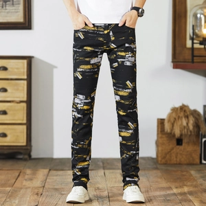 Men's Retro High Street Printed Jeans Slim Straight Cotton Denim Pants Graffiti Paint Splatter Washed Fashion Trousers