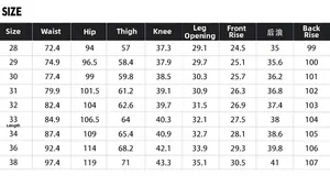 Tableau des tailles détaillé pour jeans slim homme avec mesures de la taille 28 à 38