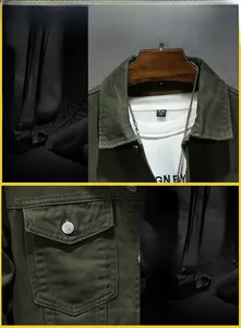 Detail view of army green workwear jacket featuring flap pockets and metallic buttons