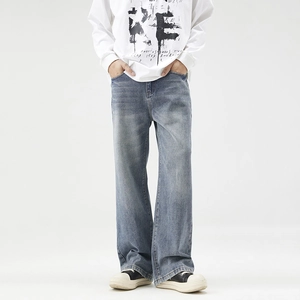 Men Retro Washed Blue Cotton Denim Jeans Loose Straight Leg Wide Leg Pants American Streetwear Casual Denim Trousers For Men