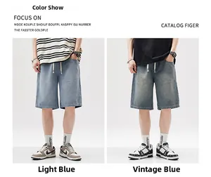 Détails du short en jean étoilé rétro américain en délavage bleu clair et vintage
