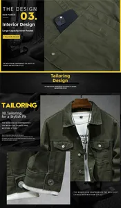 Detailed view of army green jacket with 3D tailoring and large inner pockets