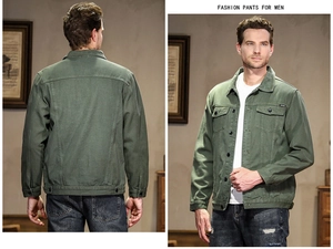 Front and back view of a men's army green cotton canvas workwear jacket with metal buttons