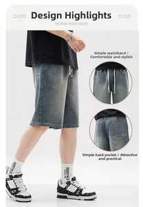 Détails du short en jean rétro avec taille élastique à cordon et étiquettes de marque